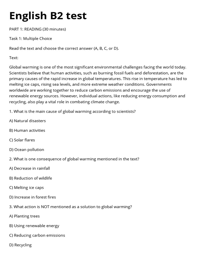 English B2 Test: Reading, Writing, Listening | PDF | Climate Change ...