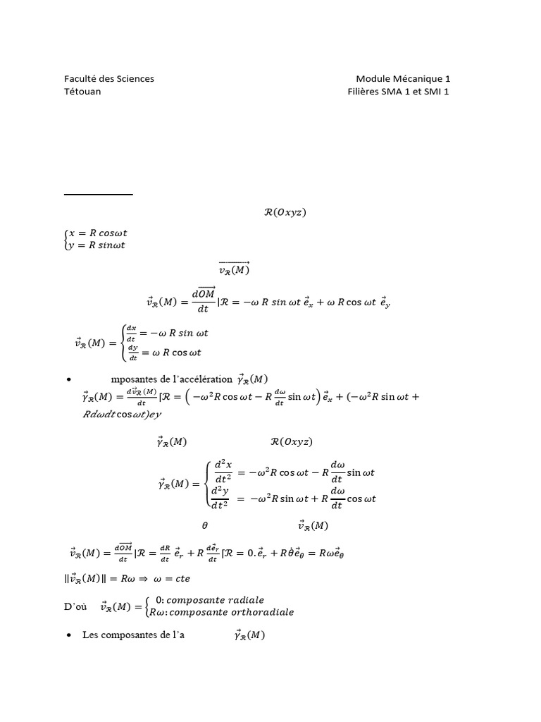Solutions Mécanique 1 - Université Essâadi | PDF | Accélération | Vitesse