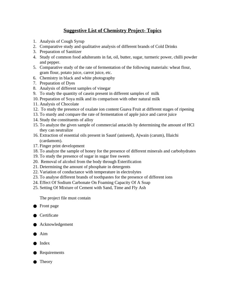 Suggestive List of Chemistry Project - Topics | PDF