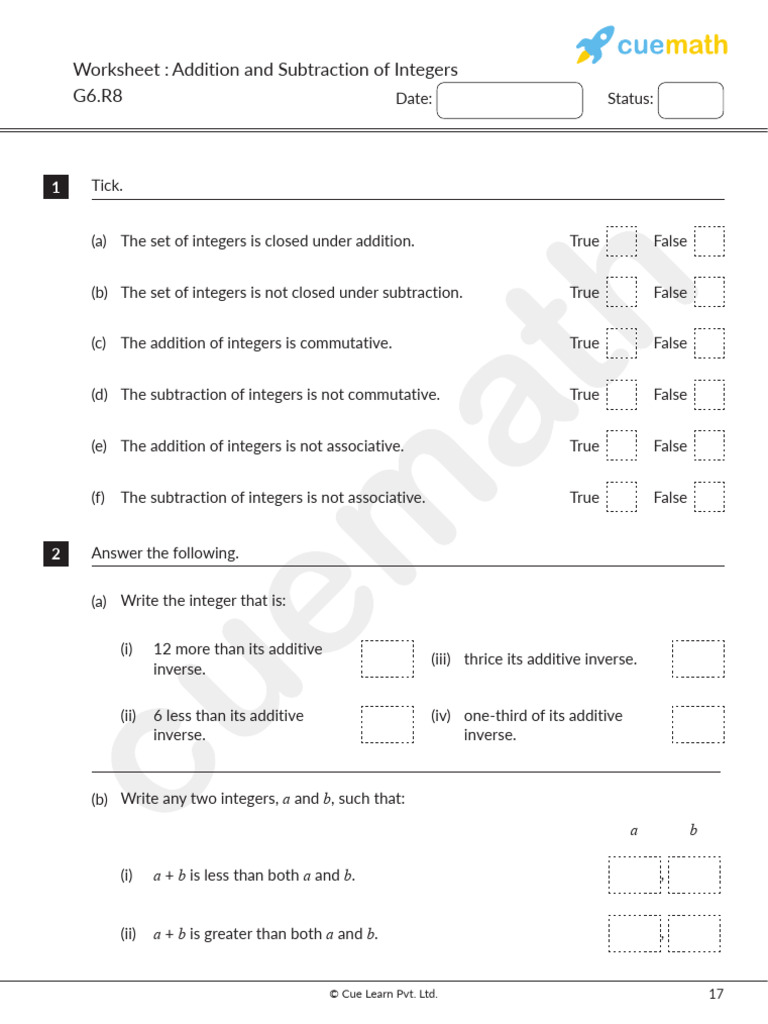 6th Grade Integers Addition/Subtraction Worksheet | PDF | Integer ...