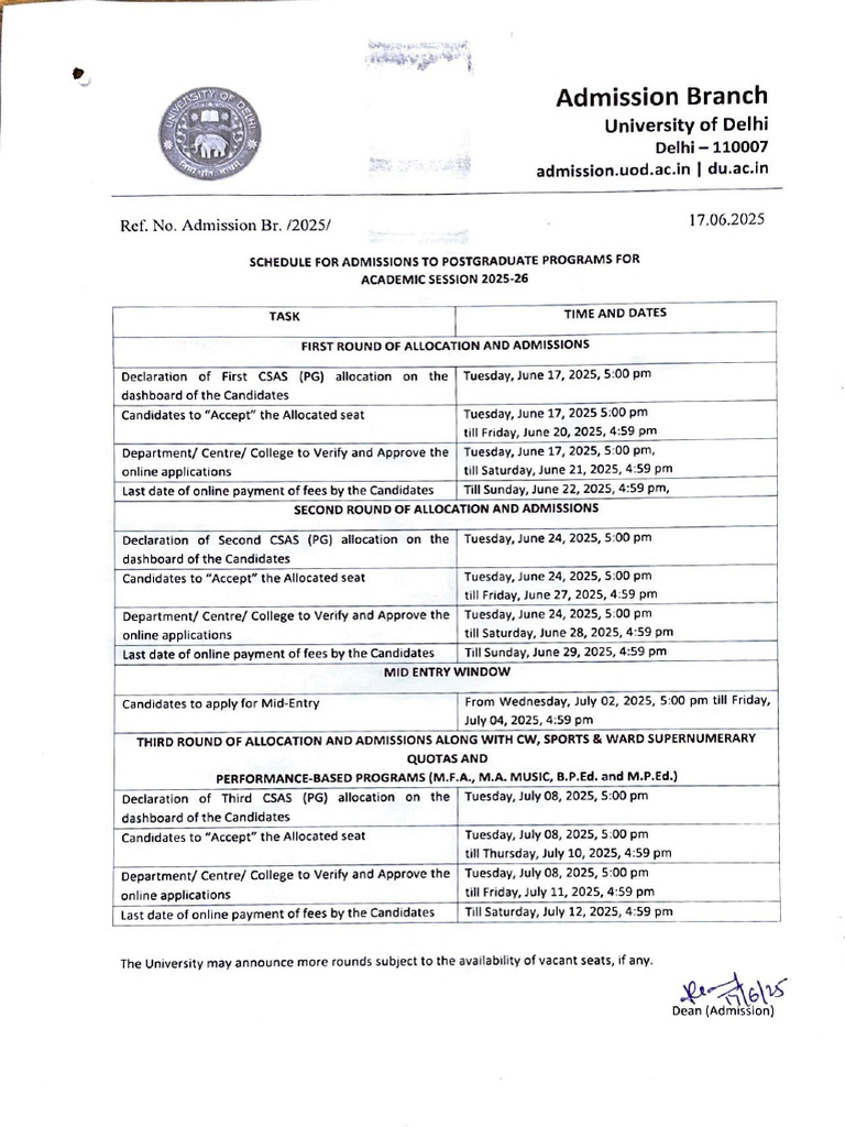 PG Admission Schedule | PDF