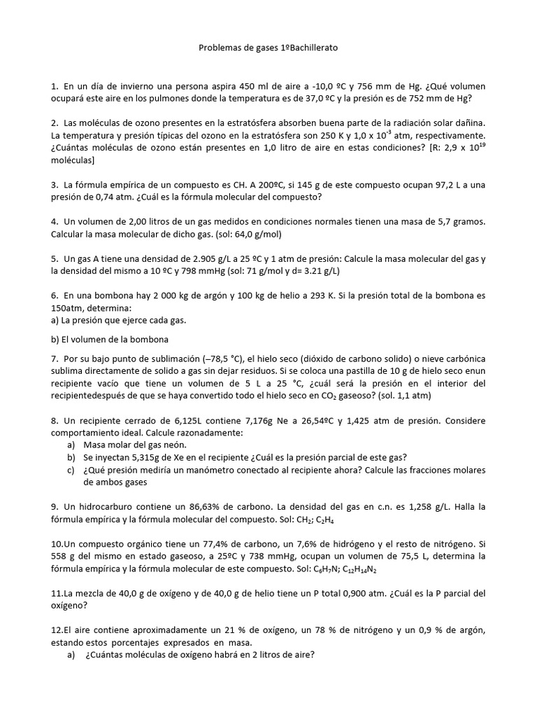 Problemas de Gases para 1º Bachillerato | PDF | Gases | Oxígeno