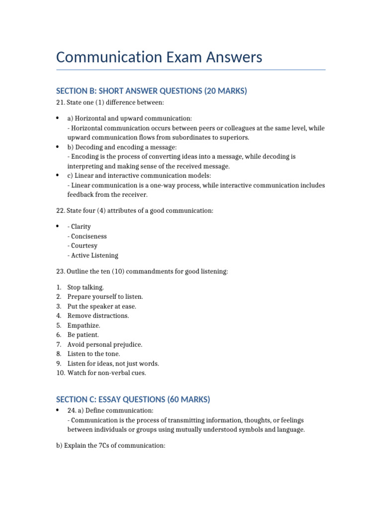 Communication Exam Answers 1 | PDF | Communication | Nonverbal ...