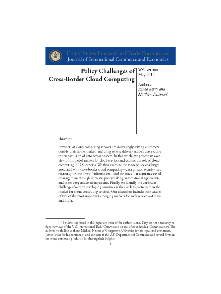 Policy Challenges of Cross border Cloud Computing PDF Cloud