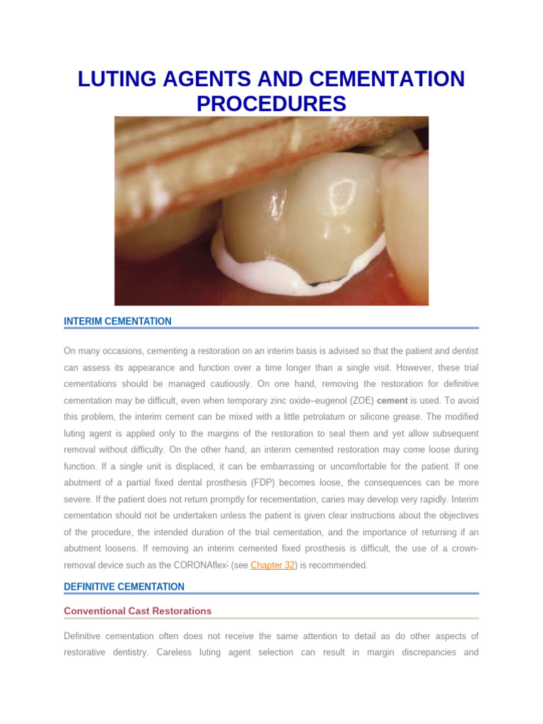 Luting Agents and Cementation Procedures | PDF | Dentistry Branches ...