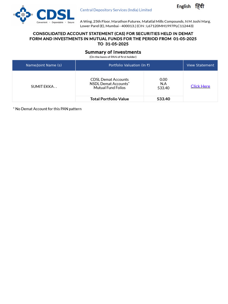 CDSL Consolidated Account Statement | PDF | Mutual Funds | Bonds (Finance)