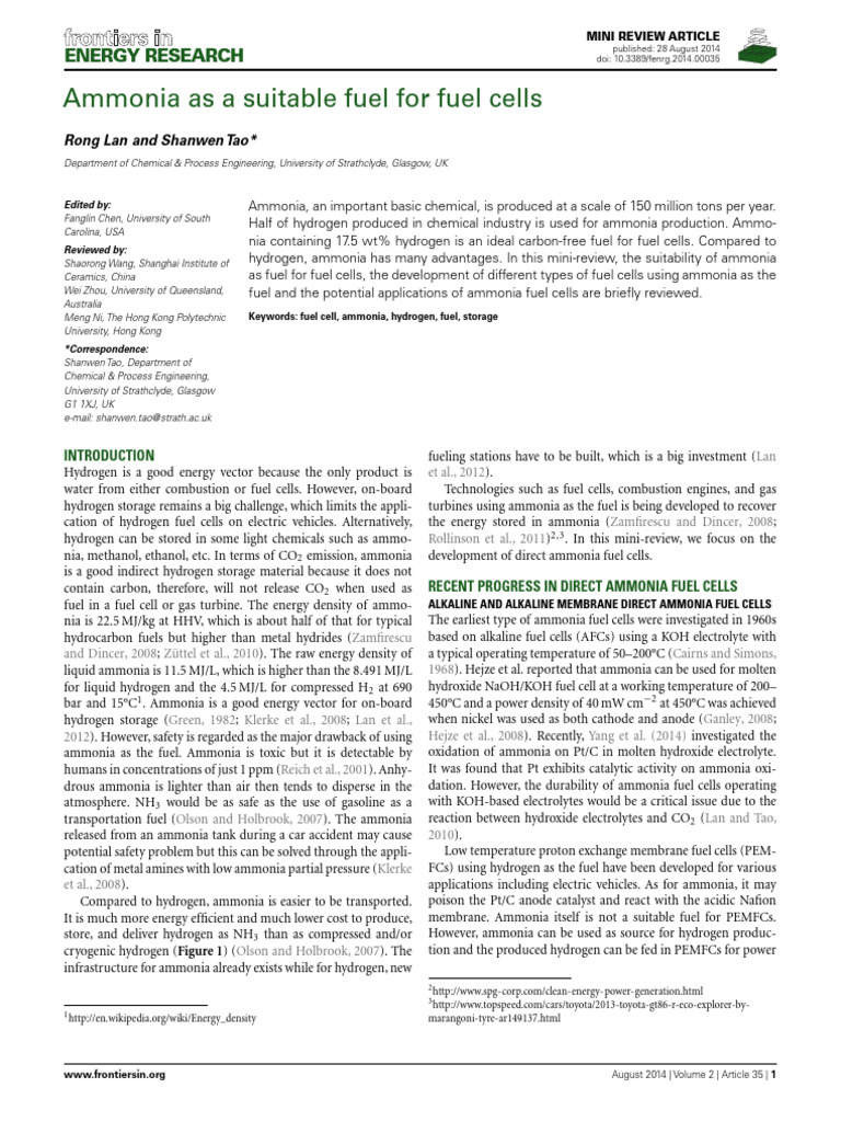 Lan Tao FER2014 Ammonia As A Suitable Fuel For Fuel Cells | PDF | Solid ...