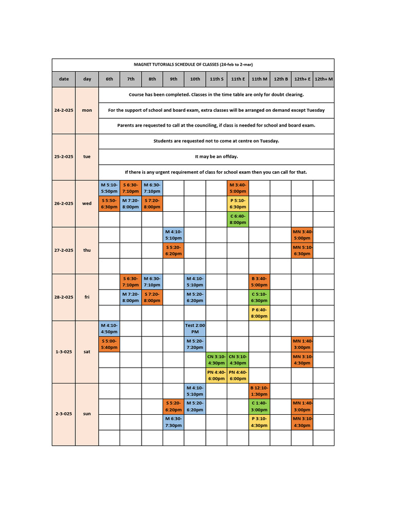 Magnet Tutorials Class Schedule | PDF