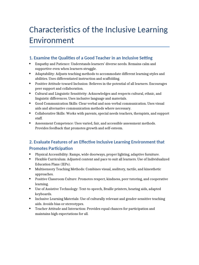 Characteristics of Inclusive Learning | PDF | Learning | Pedagogy