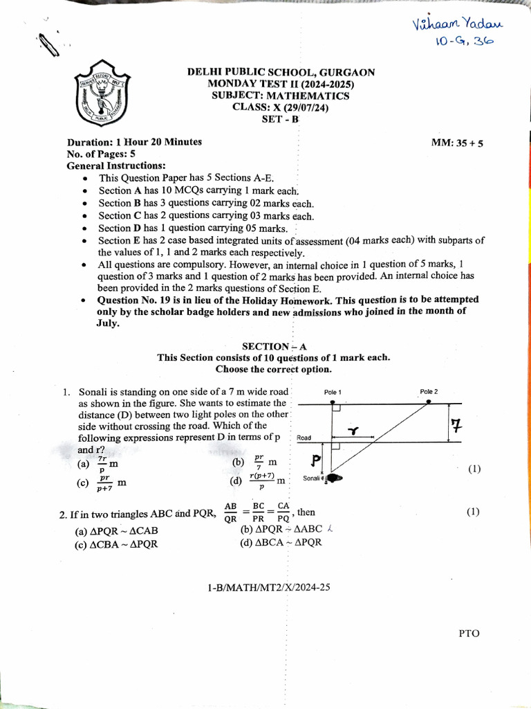 Class X Mathematics Test Paper 2024 | PDF | Perpendicular | Elementary ...