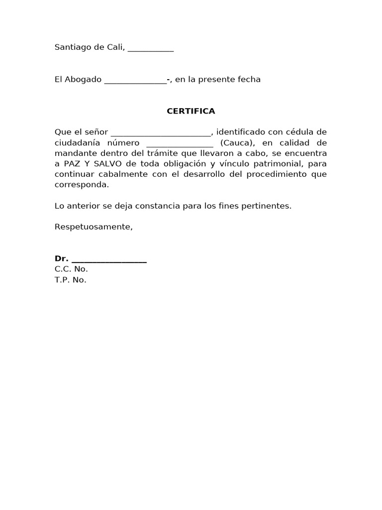 Certificación de Paz y Salvo Legal | PDF