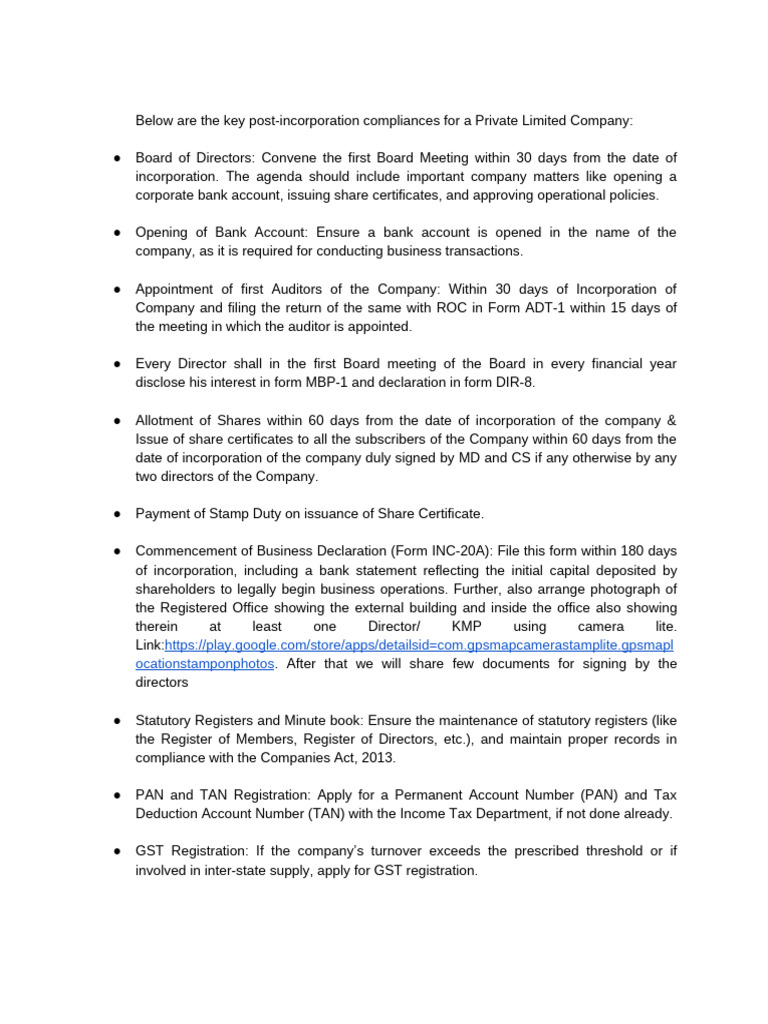 Post-Incorporation Compliance Checklist | PDF | Taxes | Banks