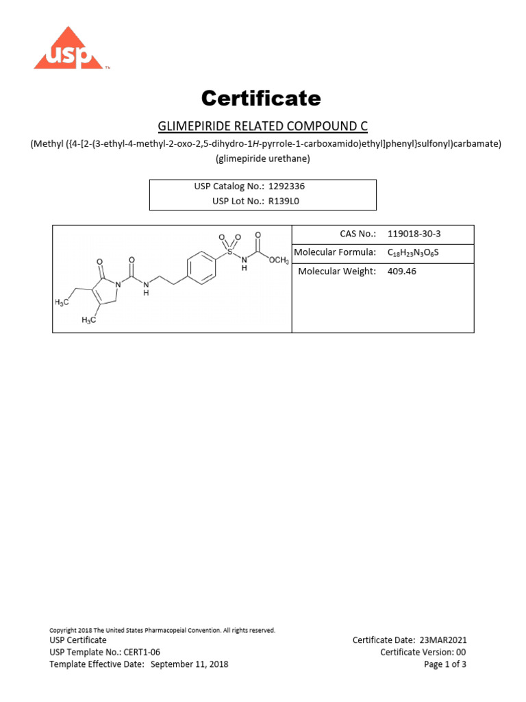 Glimepiride Molecular Formula Certificate | PDF