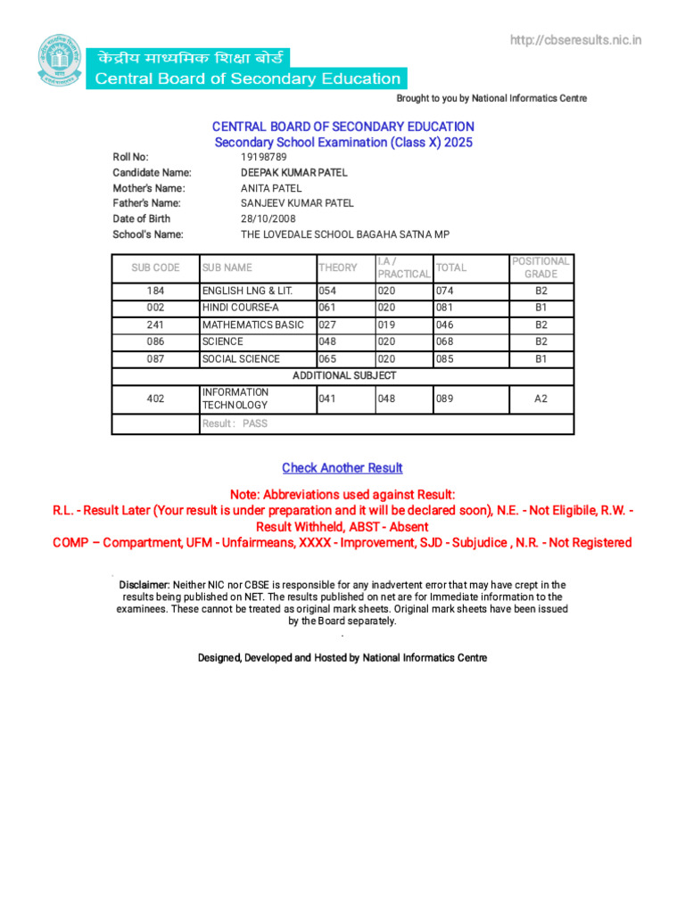 CBSE Class X Result 2025 for Deepak Kumar | PDF | Student Assessment ...