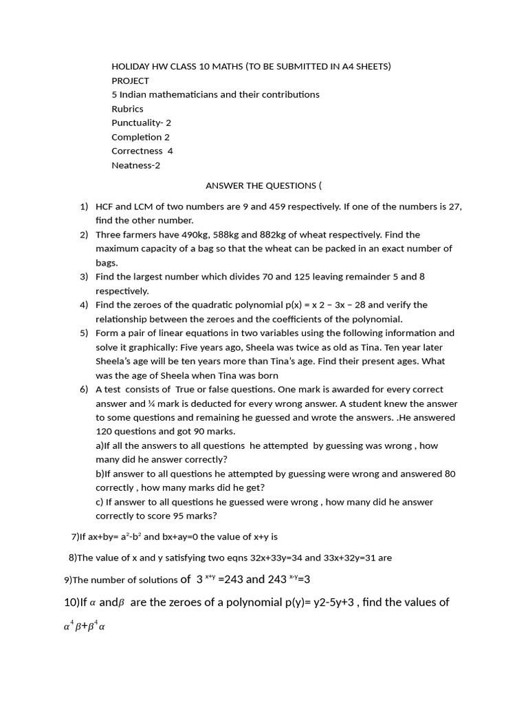 Holiday HW Class 10 Maths | PDF
