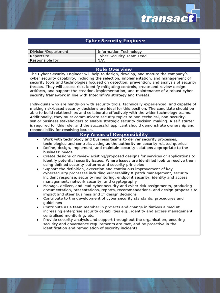 Cyber Security Engineer JD - 102024 | PDF | Computer Security | Security