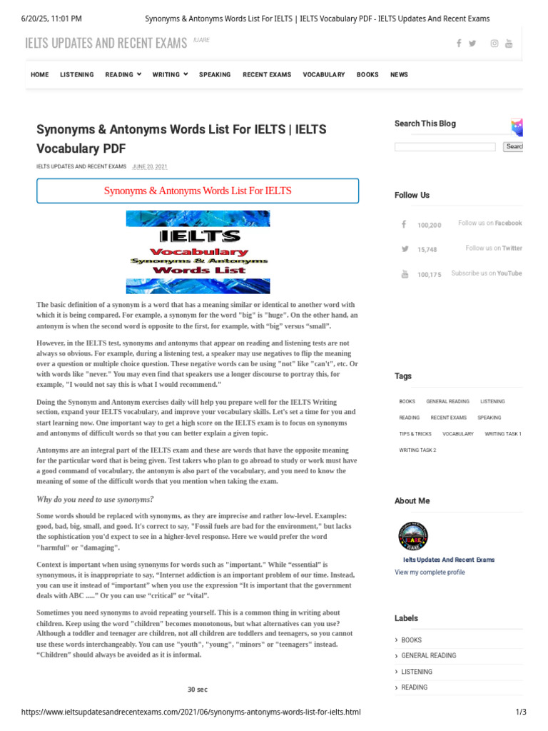 IELTS Synonyms and Antonyms Guide | PDF | International English ...