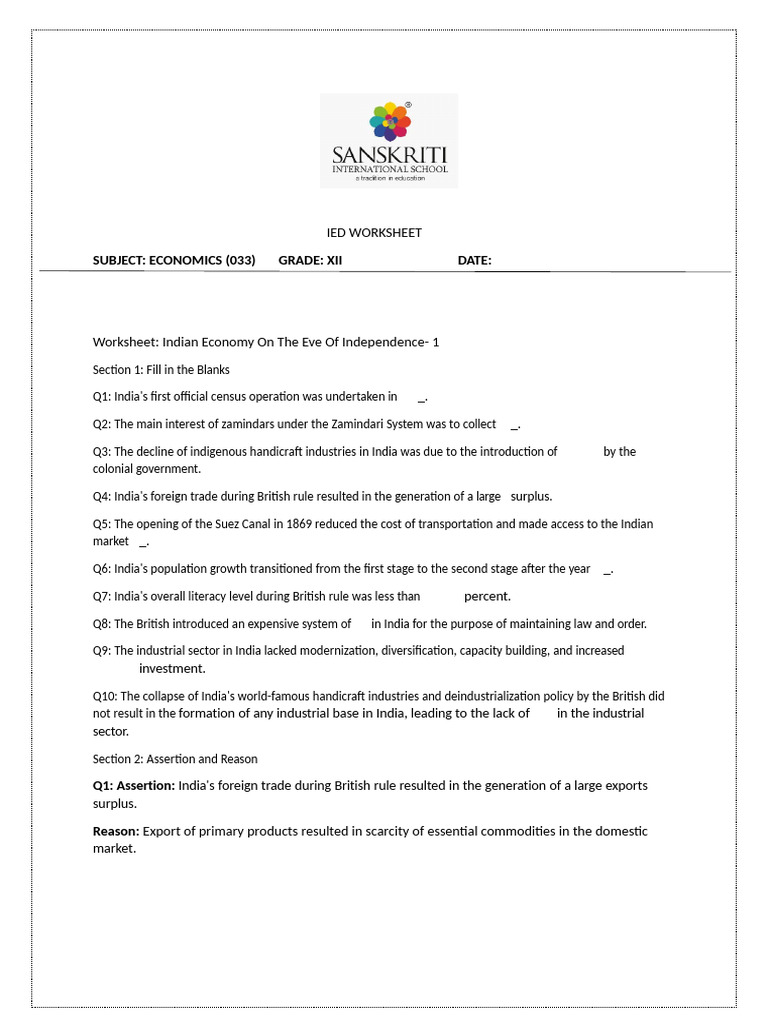 Grade 12 Ied Worksheet Ch-1 - 2 | PDF | Economy Of India | British Raj