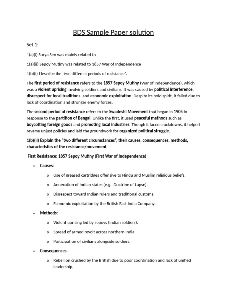BDS Sample Paper: Indian Resistance Movements | PDF | British Raj