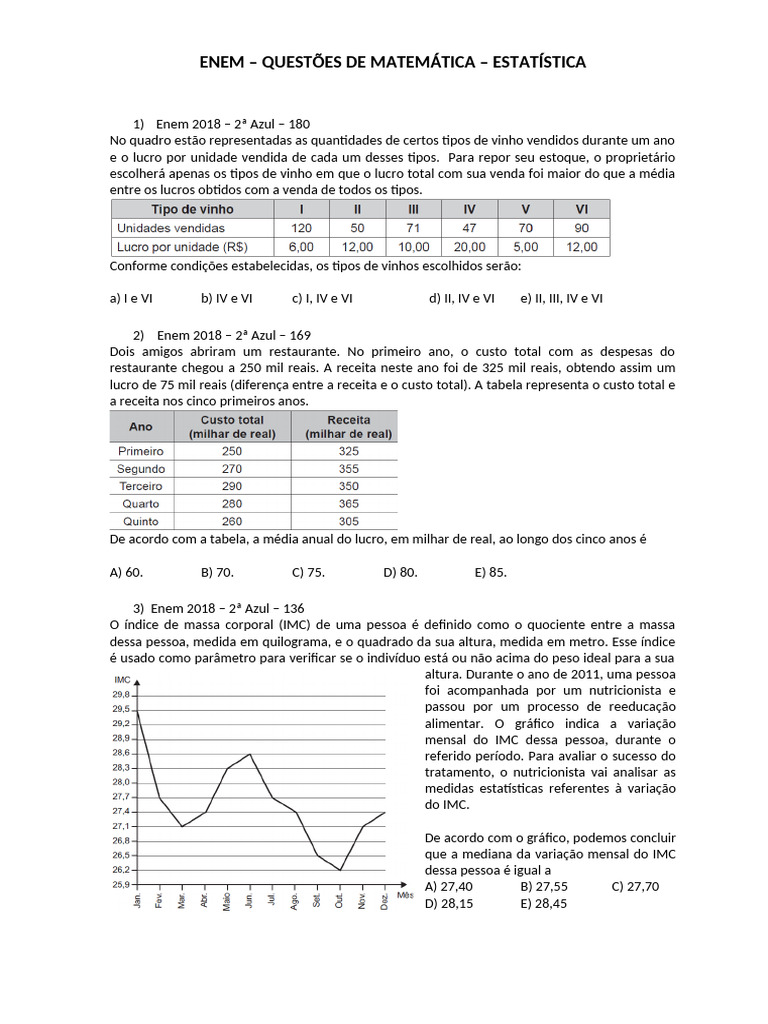 Questões de Matemática do ENEM: Estatística | PDF | Índice de massa ...