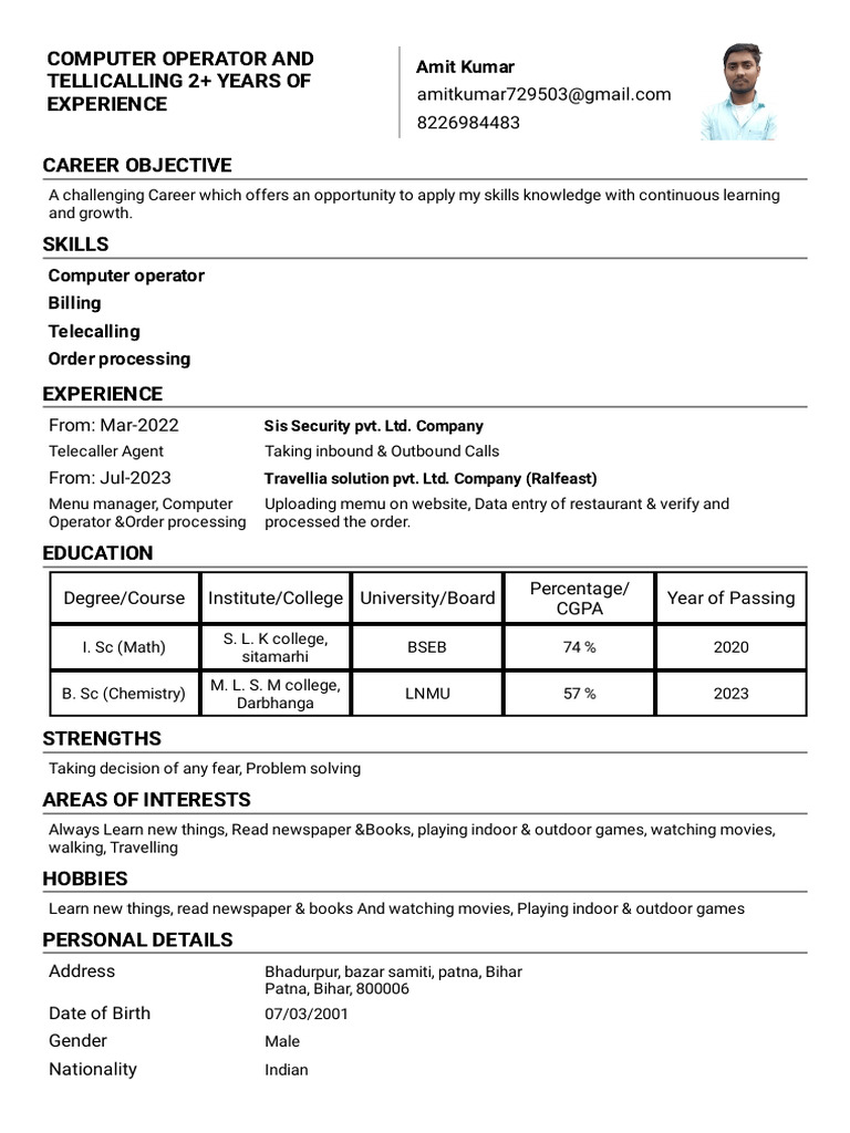 Amit Kumar: Computer Operator Profile | PDF