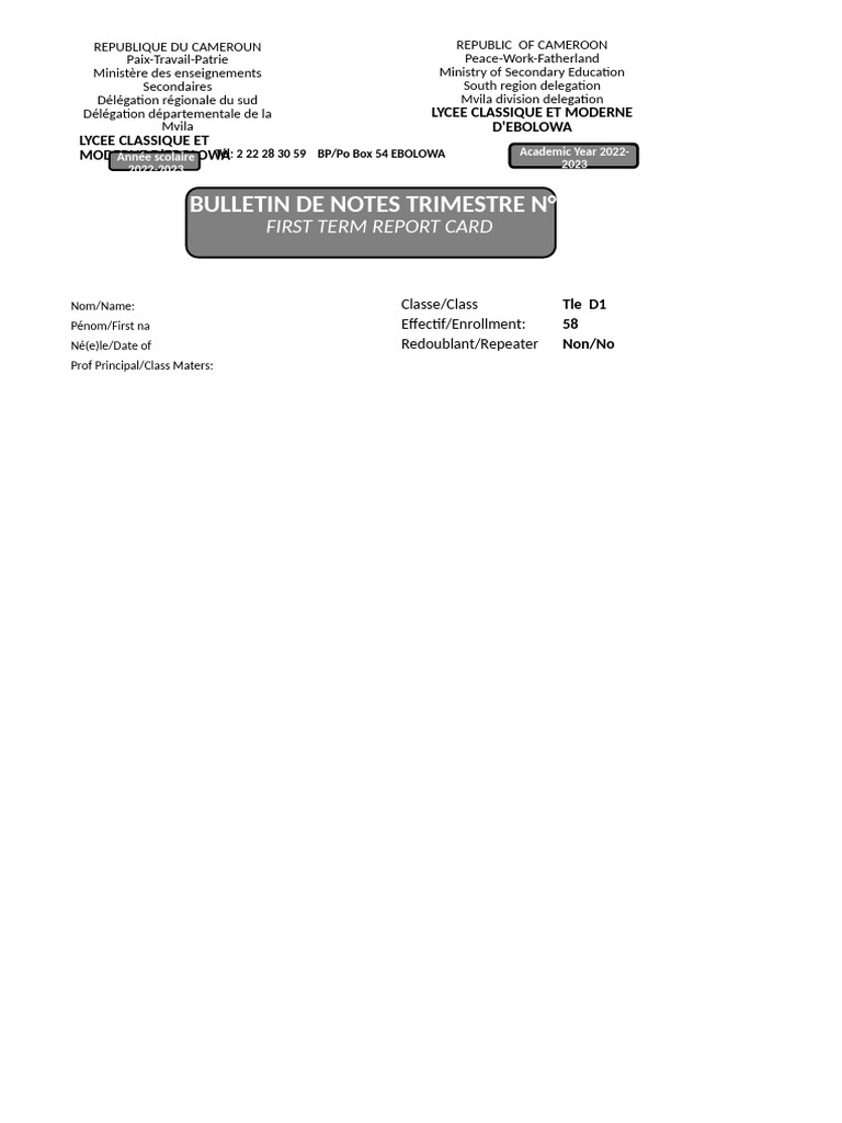 Bulletin de notes T1 - Lycée Ebebolwa | PDF