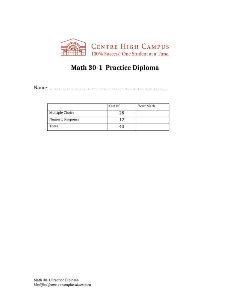Math 30-1 Diploma Practice Test | PDF