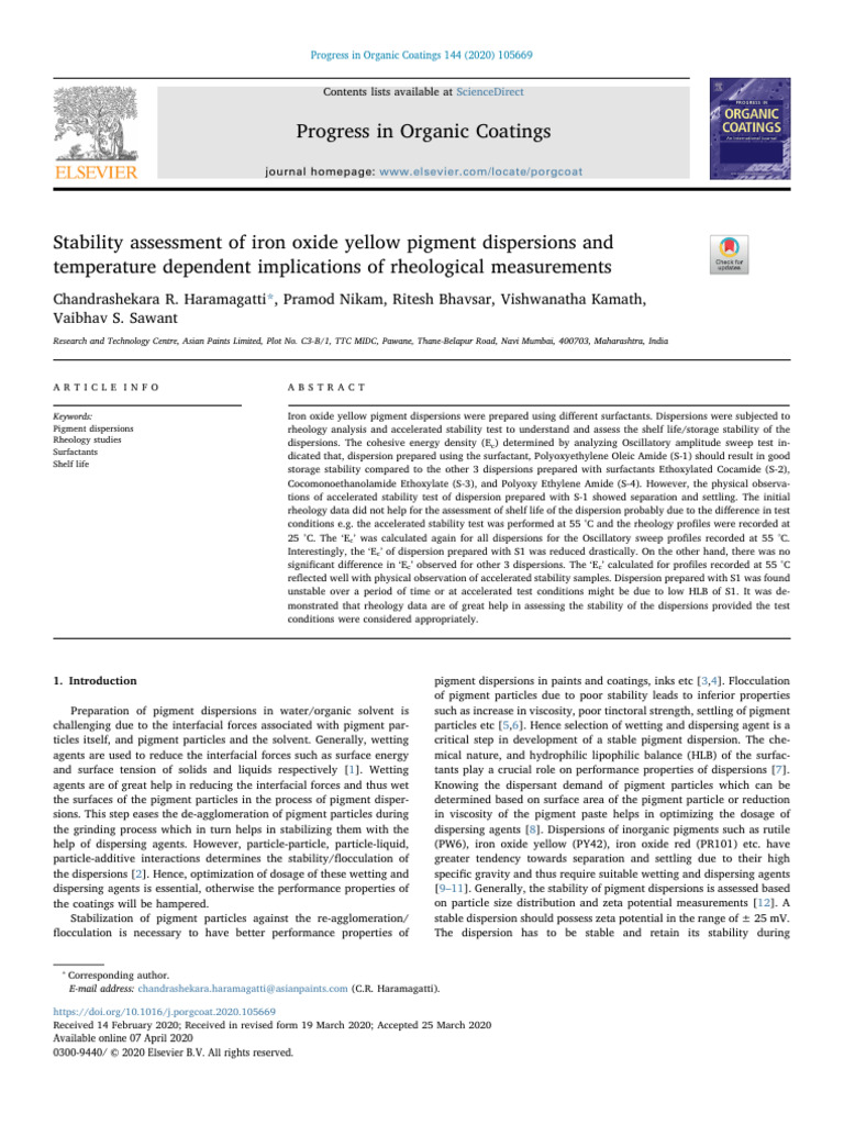 Stability of Iron Oxide Yellow Pigments | PDF | Rheology | Viscoelasticity