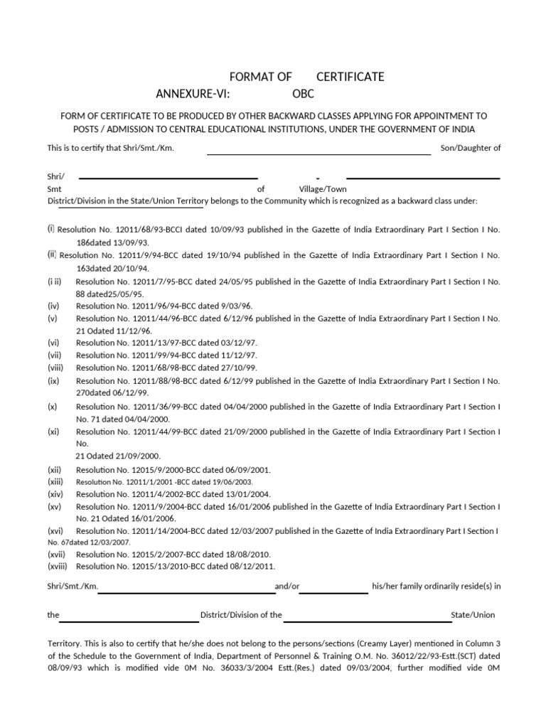 OBC Certificate Format for Railway Applicants | PDF | Government ...