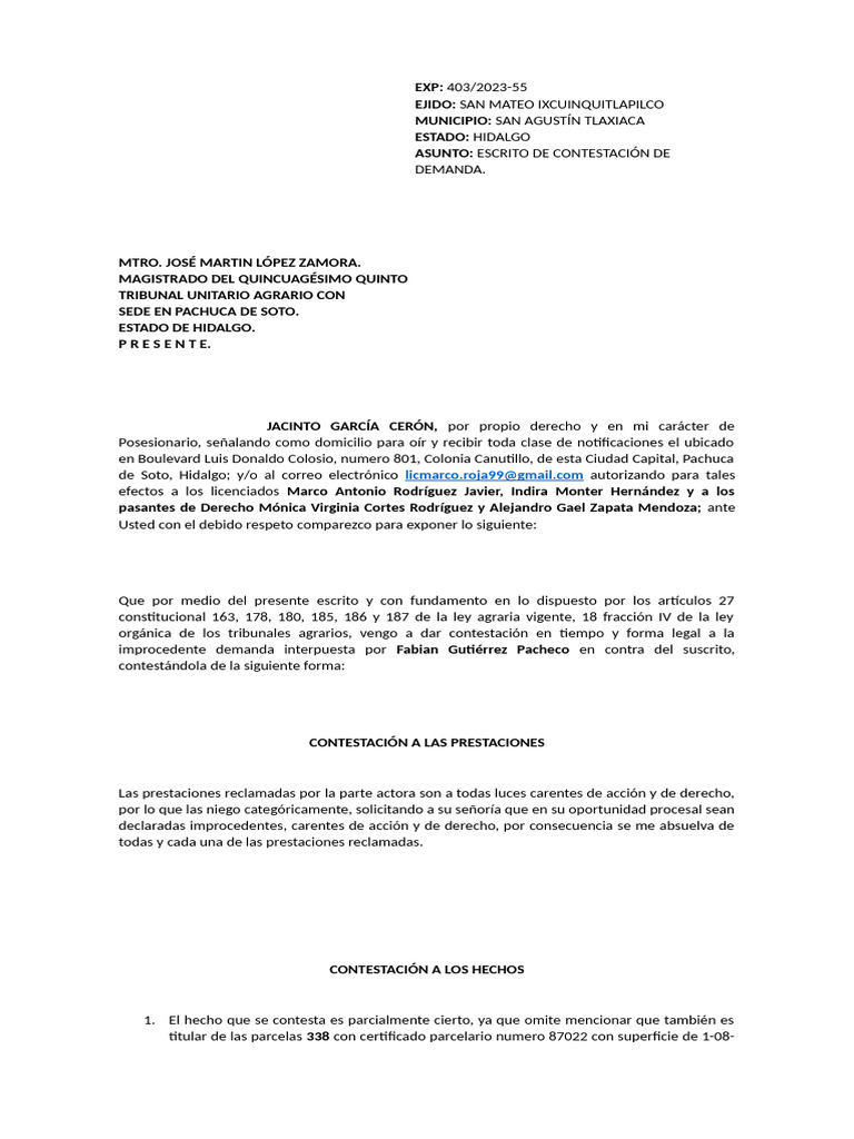 Contestacion A Accion Plenaria de Posesion San Agustin Tlaxiaca | PDF ...