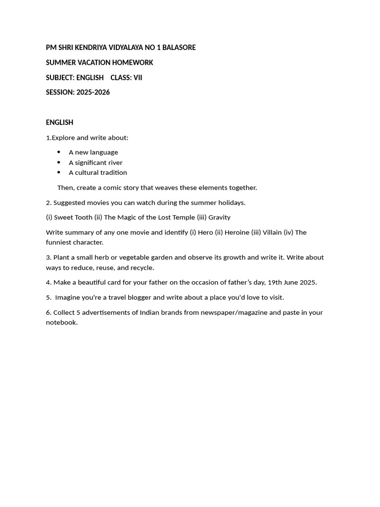 Class 7 English Summer Homework 2025 | PDF