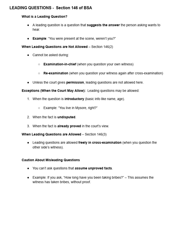 Leading Questions - Section 146 of Bsa | PDF