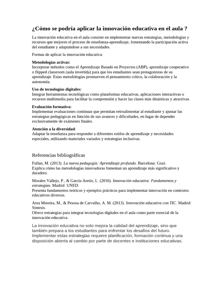 Cómo Se Podría Aplicar La Innovación Educativa en El Aula | PDF