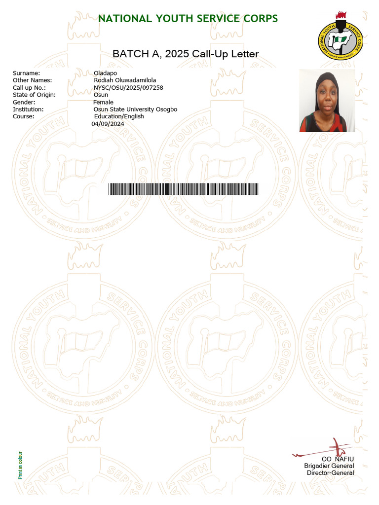 NYSC 2025 Call-Up Letter for Oladapo | PDF | Government