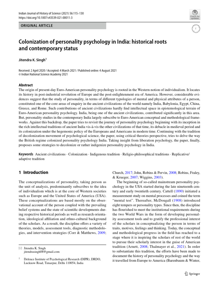 Singh, J. K., 2021 - Colonization of Personality Psychology in India ...