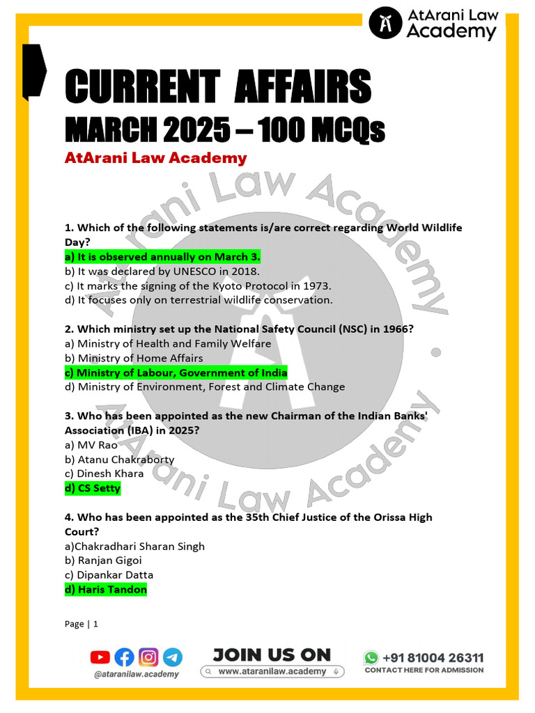 Current Affairs MCQs - March 2025 | PDF