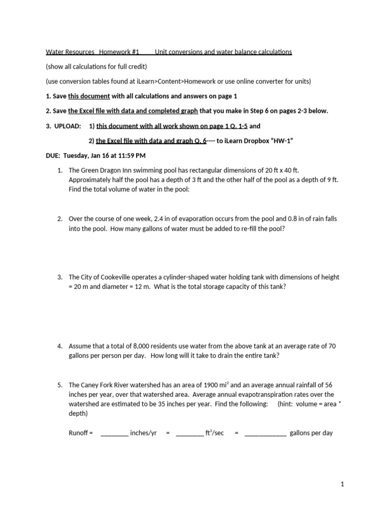 Water Balance Calculations Homework | PDF | Microsoft Excel | Discharge ...