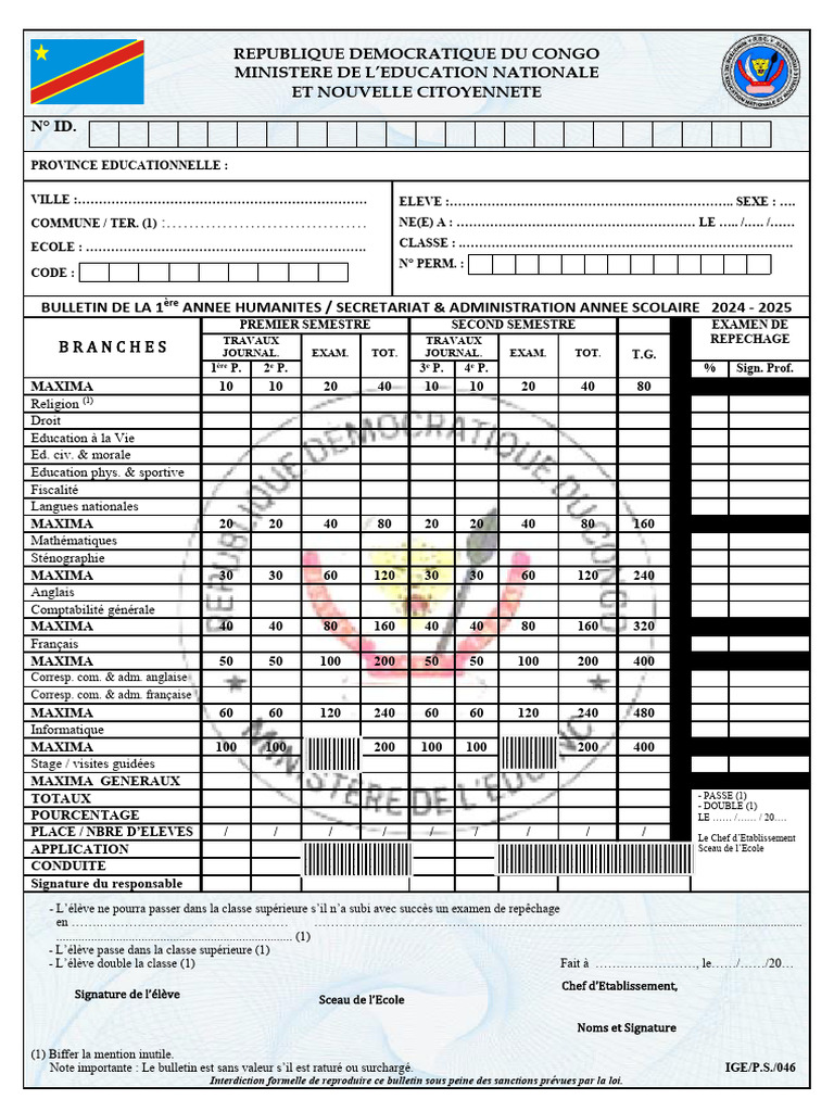 Bulletin Scolaire Vierge RDC 2024-2025 | PDF