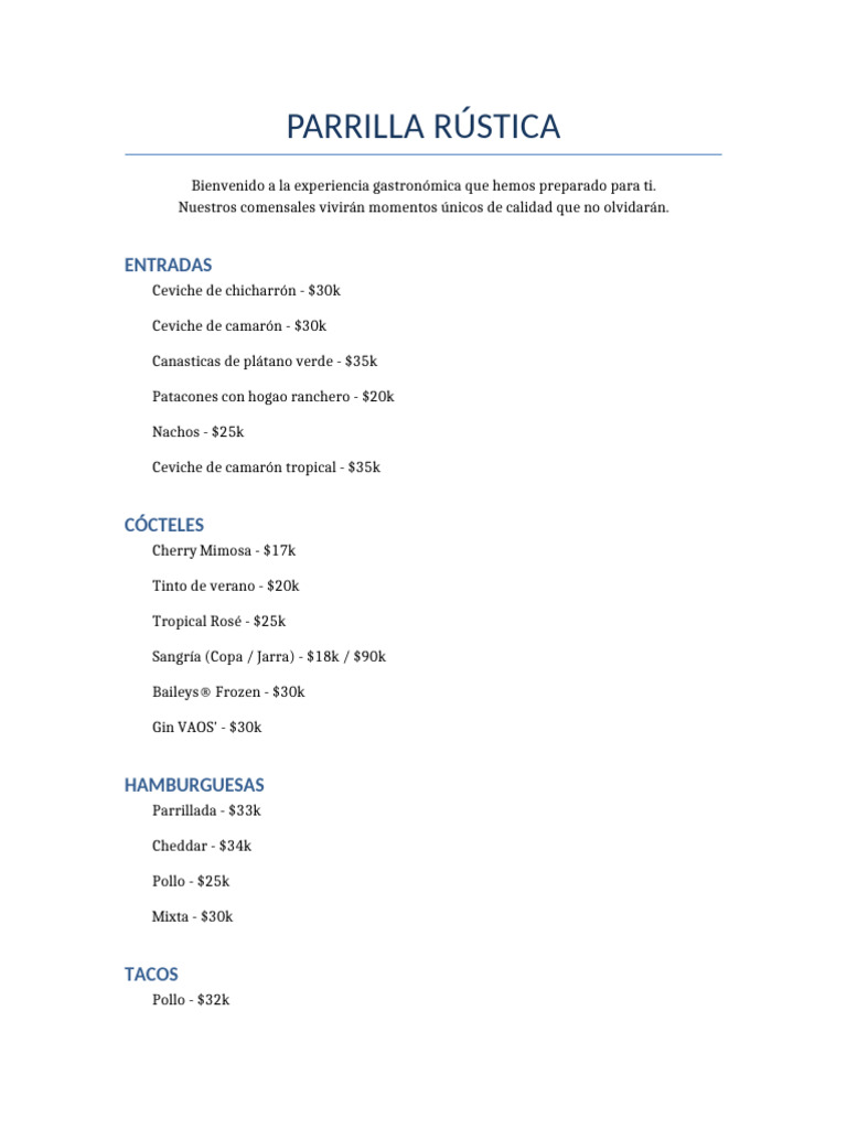 Menú Parrilla Rústica: Delicias Gastronómicas | PDF