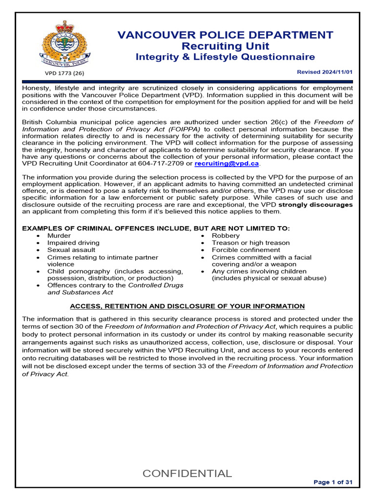 VPD Integrity and Lifestyle Questionnaire | PDF | Recreational Drug Use ...