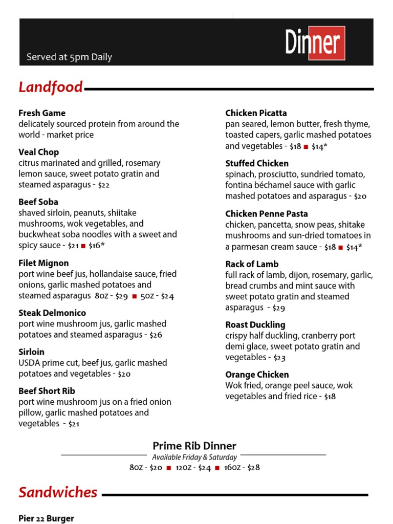 Pier 22 Restaurant Menu and Prices | PDF