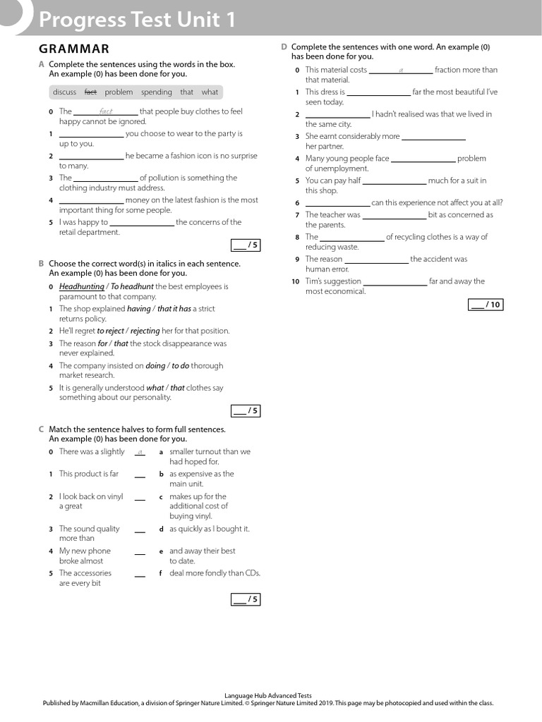 Progress Test Unit 1 Overview | PDF
