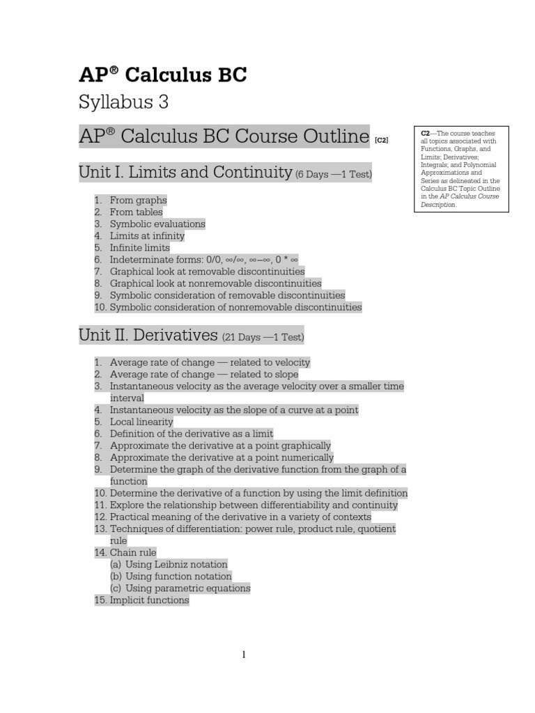 Syllabus 3 AP Calculus BC Course Outline PDF Integral Series (Mathematics)