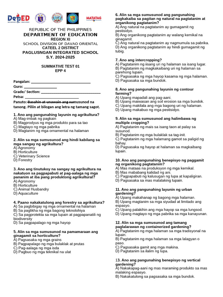 Summative Test Epp 01 | PDF