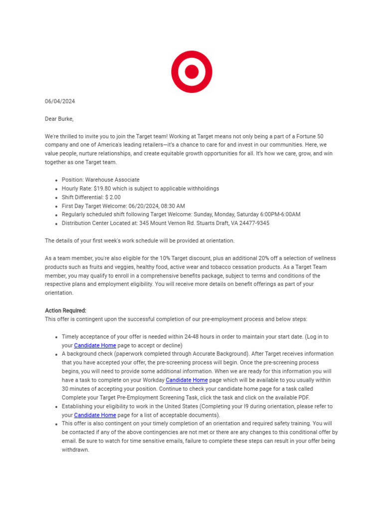 Target Job Offer and Orientation Details | PDF | Background Check | Shoe