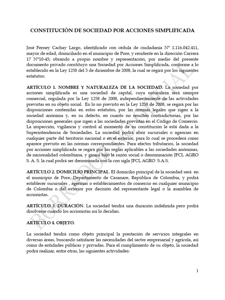 Estatutos JFCL Agro S.A.S | PDF | Sociedad de responsabilidad limitada ...