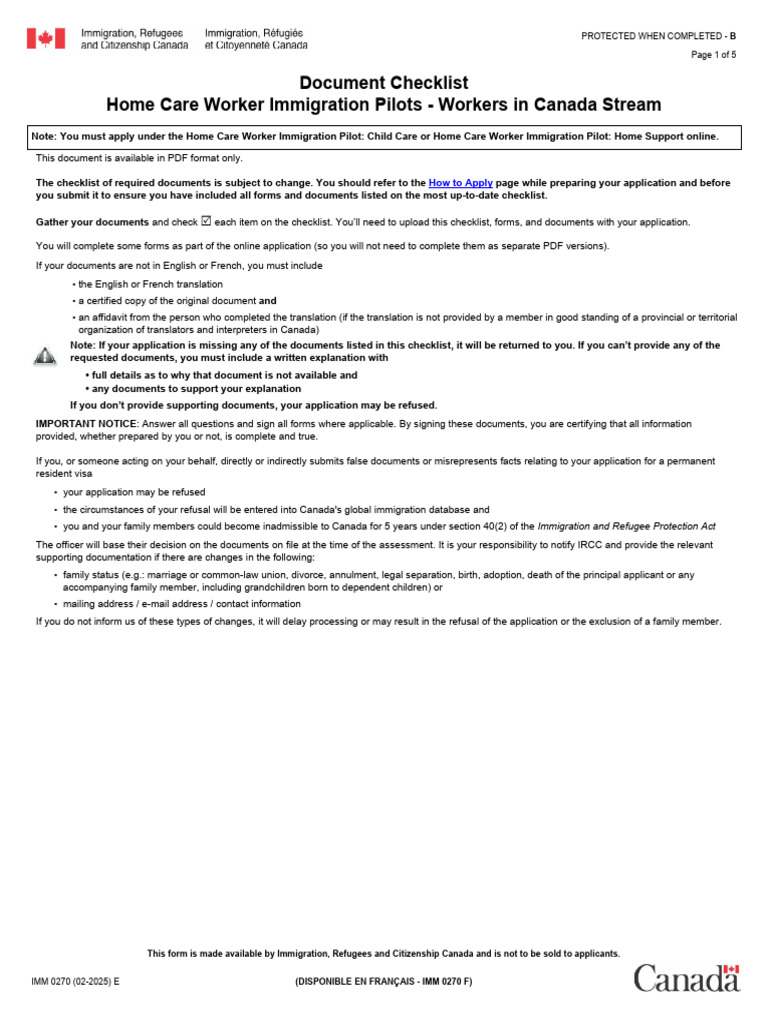 Document Checklist Home Care Worker Immigration Pilots - Workers in ...