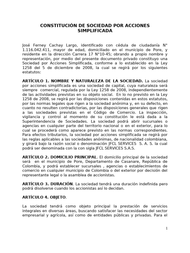 Constitución de JFCL Services S.A.S. | PDF | Sociedad de ...