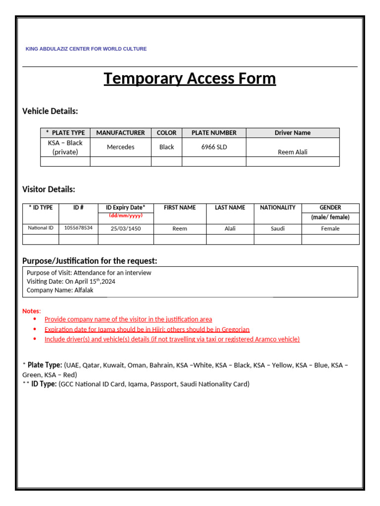 Temporary Access Form for King Abdulaziz Center | PDF