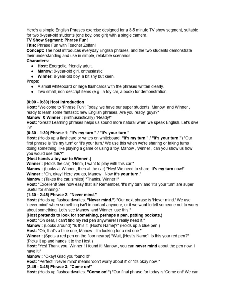 3-5 Min TV Script For English Phrases For Children | PDF